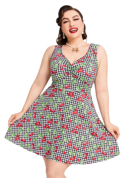 plus fruit & gingham print sweetheart neck tie back dress y4vh#, Black
plus fruit & gingham print sweetheart neck tie back dress y4vh#, Black