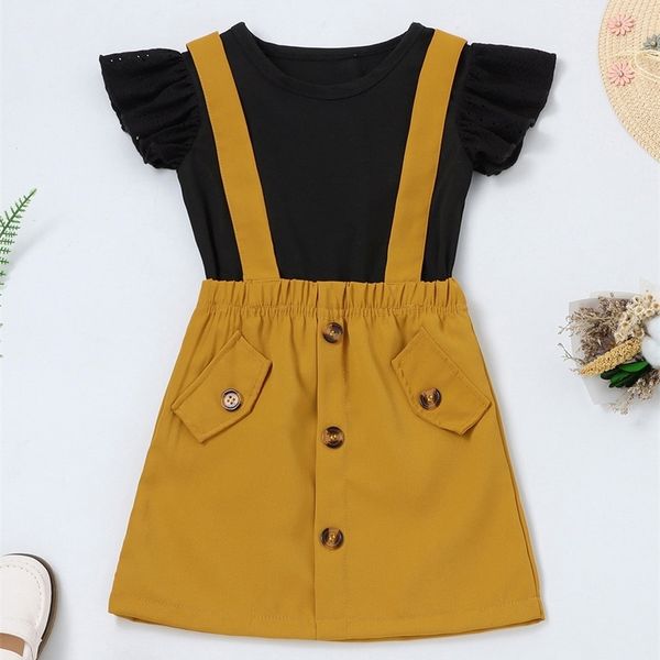little girl's ruffle sleeve t-shirt and false button strap skirt she, White 
little girl's ruffle sleeve t-shirt and false button strap skirt she, White
