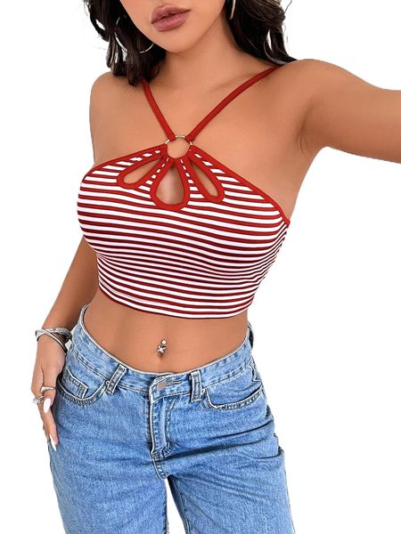 striped cut out o-ring linked cami d15e#, White
striped cut out o-ring linked cami d15e#, White