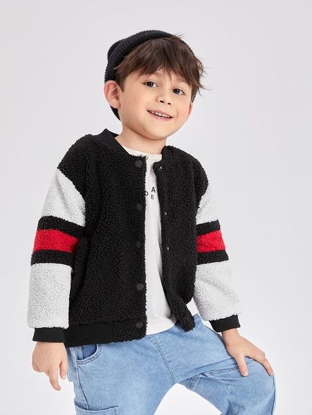 toddler boys contrast sleeve teddy bomber jacket she, Blue;gray