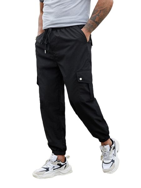 extended sizes men drawstring waist flap pocket cargo pants p7ct#, Black