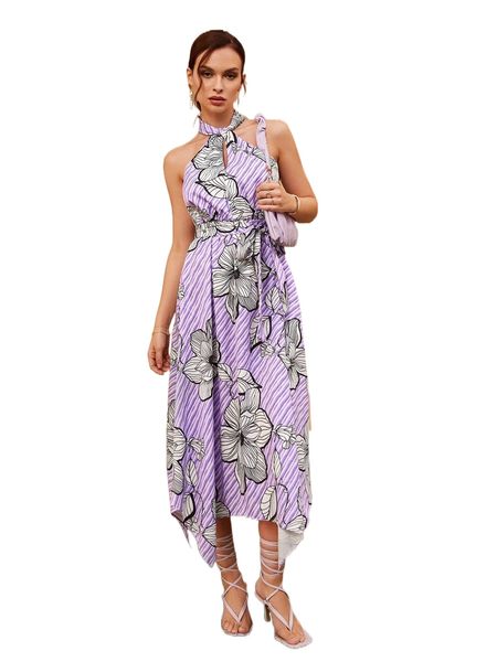 twist cut out front asymmetrical hem floral and striped dress f57w#, Black;gray 
twist cut out front asymmetrical hem floral and striped dress f57w#, Black;gray