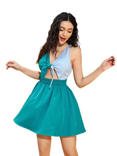 x kay tie backless peekaboo knot front shirred waist colorblock dress m5u8#, Black;gray
x kay tie backless peekaboo knot front shirred waist colorblock dress m5u8#, Black;gray
