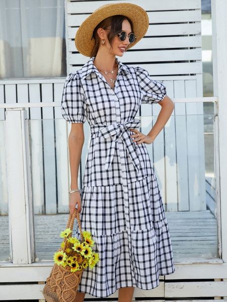 plaid puff sleeve belted ruffle hem dress m0pk#, Black;gray
plaid puff sleeve belted ruffle hem dress m0pk#, Black;gray