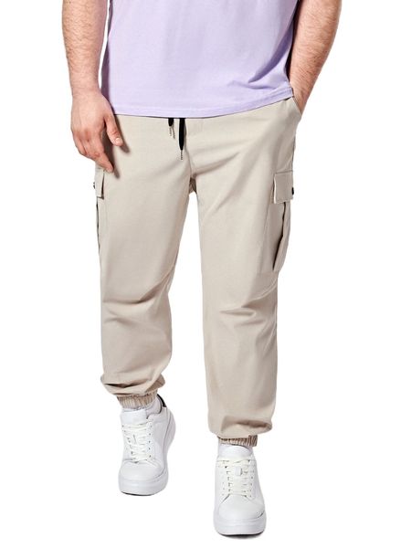 extended sizes men drawstring waist flap pocket cargo pants 55em#, Black