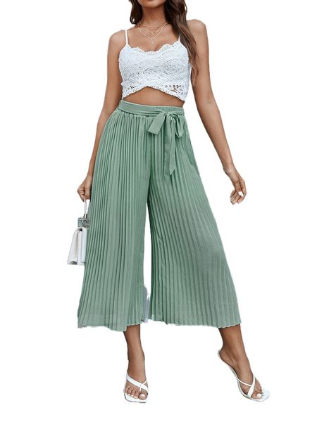solid contrast lace cami & belted wide leg cropped pants t1v6#, White
solid contrast lace cami & belted wide leg cropped pants t1v6#, White