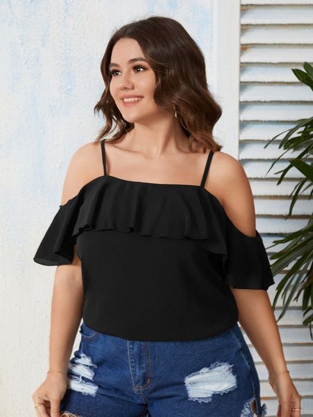 plus ruffle trim cold shoulder blouse o8qk#, Black
plus ruffle trim cold shoulder blouse o8qk#, Black