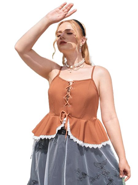 plus guipure lace trim grommet lace up shirred back peplum cami y4at#, Black