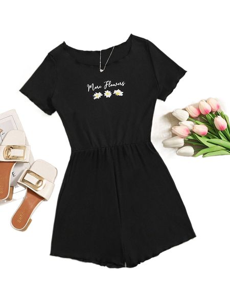 1pc floral and letter graphic tee romper k2om#, Black;white