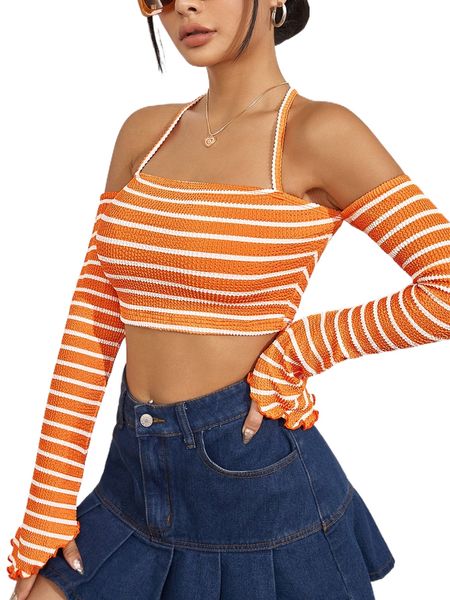 striped print cold shoulder crop q9az#, White