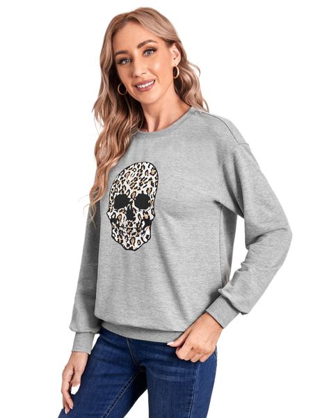 emery rose leopard skull print drop shoulder sweatshirt v9le#, Black 
emery rose leopard skull print drop shoulder sweatshirt v9le#, Black