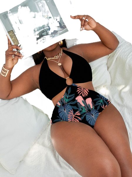 plus tropical print cut-out ring linked halter one piece swimsuit g9sw#, White;black
plus tropical print cut-out ring linked halter one piece swimsuit g9sw#, White;black