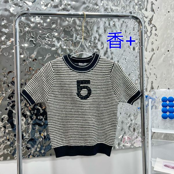 women's t-shirt designer xiaoxiangjia summer stripe letter knit slim fit short sleeve color matching round neck sweater fdvn, White
women's t-shirt designer xiaoxiangjia summer stripe letter knit slim fit short sleeve color matching round neck sweater fdvn, White