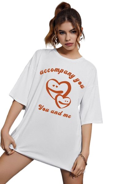 cartoon & letter graphic drop shoulder tee 58uy#, White 
cartoon & letter graphic drop shoulder tee 58uy#, White