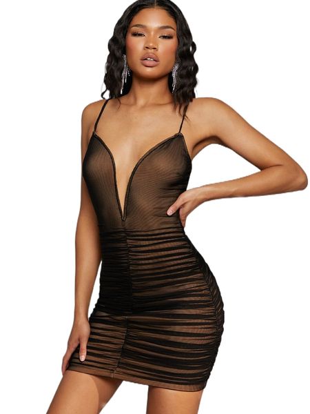 ruched mesh overlay cami dress u3gi#, Black;gray