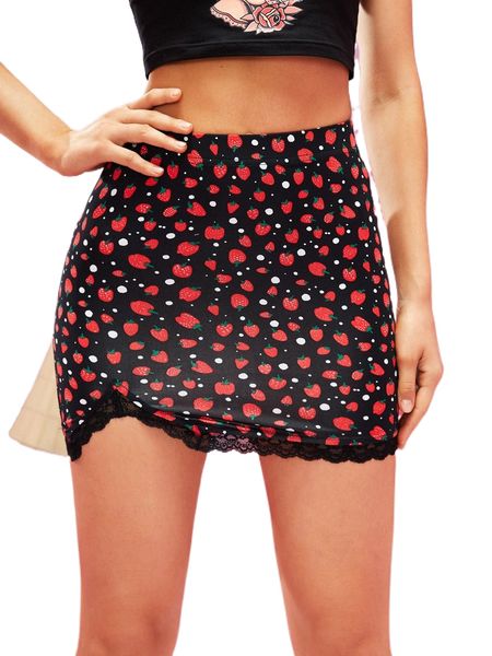 x queen aubergine split lace hem strawberry print skirt k3pm#, Black
x queen aubergine split lace hem strawberry print skirt k3pm#, Black