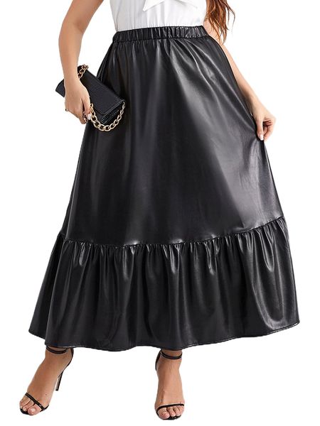 plus ruffle hem pu leather skirt r6ip#, Black
plus ruffle hem pu leather skirt r6ip#, Black