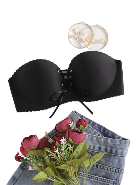 scalloped lace-up strapless bra 80cy#, Black;red