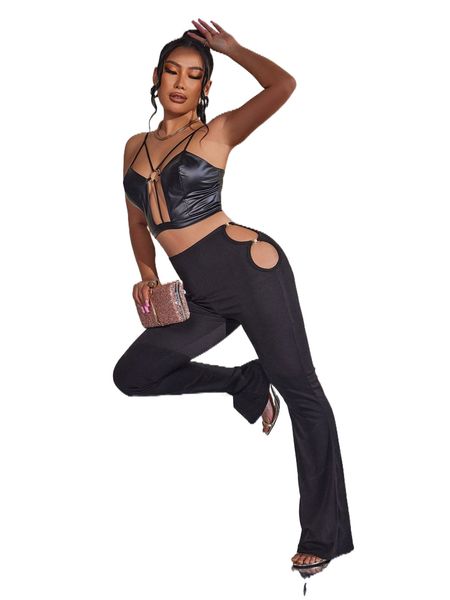sxy cutout waist flare leg pants q317#, Black;white 
sxy cutout waist flare leg pants q317#, Black;white
