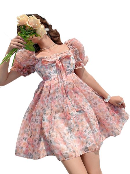 square neck allover floral print puff sleeve knot front mesh dress f0cf#, Black;gray
square neck allover floral print puff sleeve knot front mesh dress f0cf#, Black;gray