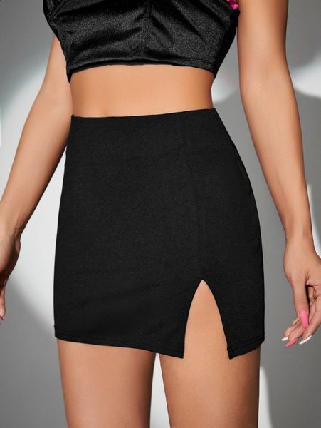high waist split hem bodycon skirt s5ix#, Black