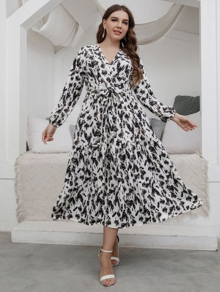 plus allover print lantern sleeve ruffle hem belted dress e66y#, Black 
plus allover print lantern sleeve ruffle hem belted dress e66y#, Black