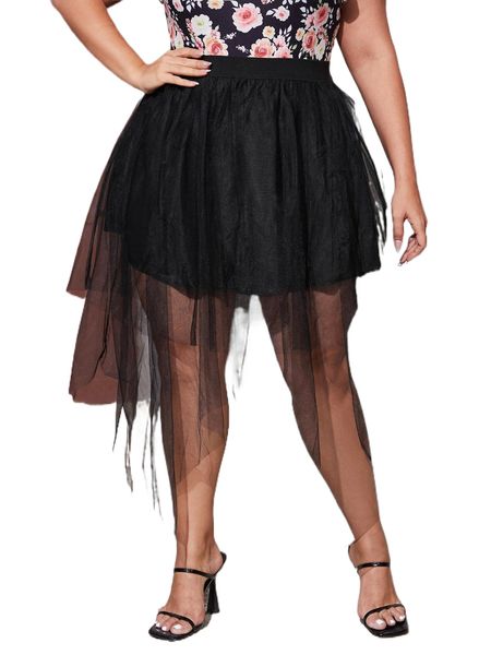 plus hanky hem mesh overlay skirt 02kd#, Black