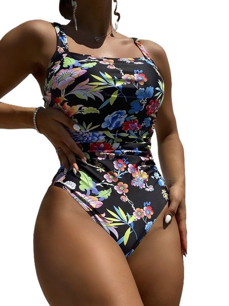 random floral print ruched one piece swimsuit c0ea#, White;black 
random floral print ruched one piece swimsuit c0ea#, White;black