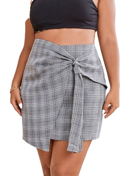 plus plaid print knot front wrap skirt e9l0#, Black
plus plaid print knot front wrap skirt e9l0#, Black