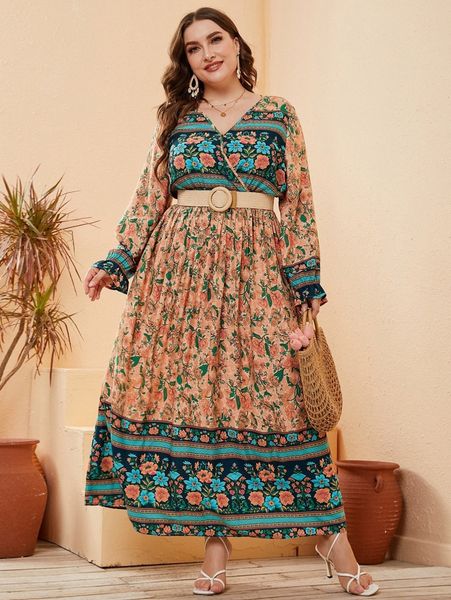 plus floral print flounce sleeve dress without belt s0jx#, Black
plus floral print flounce sleeve dress without belt s0jx#, Black