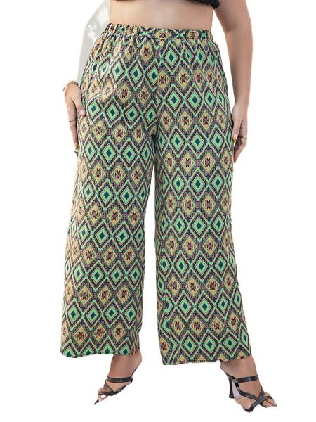 plus geo print wide leg pants 69bj#, Black