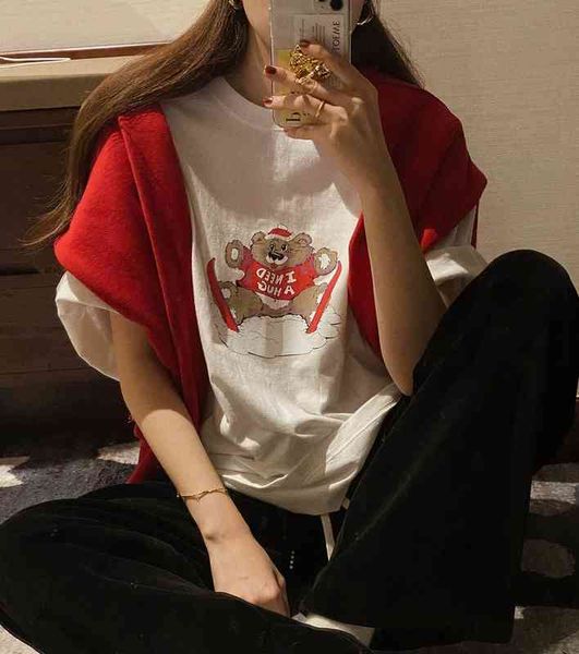 women's t-shirt spring korea east gate loose casual off shoulder sleeve bear print t-shirt short women osn2, White
women's t-shirt spring korea east gate loose casual off shoulder sleeve bear print t-shirt short women osn2, White