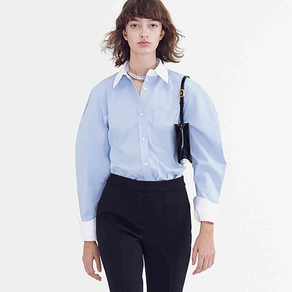 women's blouses & shirts recto spring fashion contrast color lapel collar vintage light blue women o5e0, White
women's blouses & shirts recto spring fashion contrast color lapel collar vintage light blue women o5e0, White
