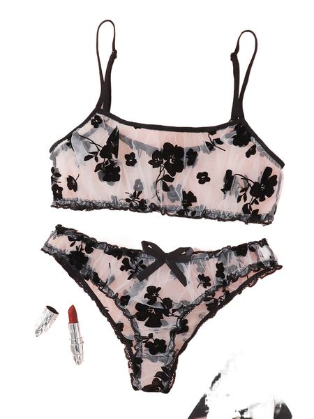floral mesh lingerie set n4pq#, Black;red
