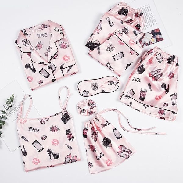 4 seasons can wear pajamas womens sleepwear 7 piece set long sleeved shorts suspender ice silk pyjamas suit, Black;red
4 seasons can wear pajamas womens sleepwear 7 piece set long sleeved shorts suspender ice silk pyjamas suit, Black;red