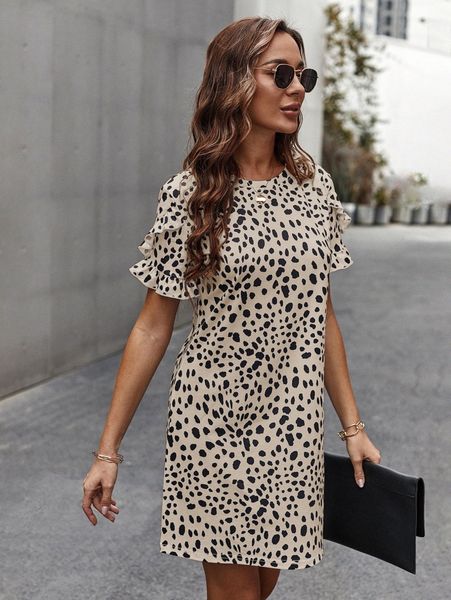 dalmatian print ruffle trim dress 46lp#, Black;gray