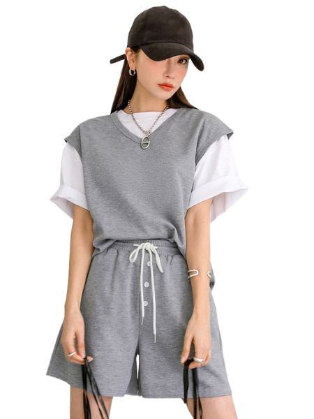 dazy solid tank & drawstring waist fake buttons track shorts without tee b78g#, White
dazy solid tank & drawstring waist fake buttons track shorts without tee b78g#, White