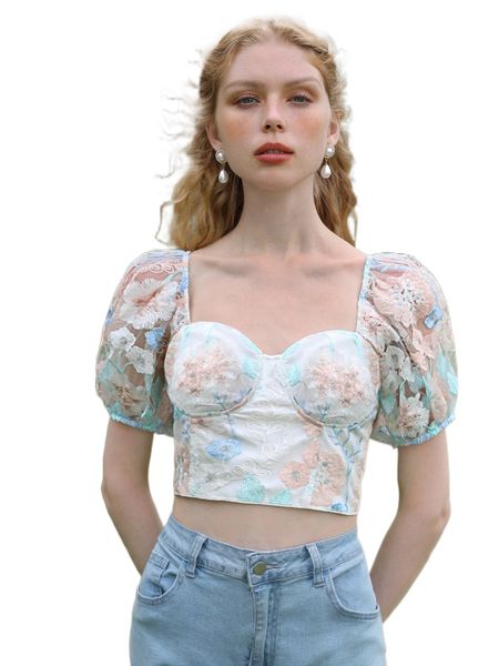 mod floral embroidery mesh puff sleeve blouse d0bd#, White