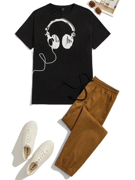 men headphone print tee & drawstring waist pants 081x#, Gray
