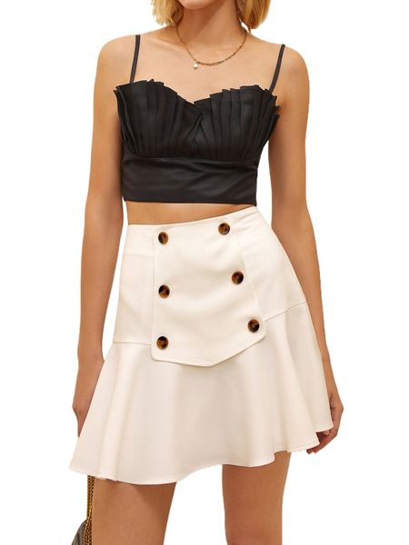 fake button ruffle hem skirt i3zp#, Black