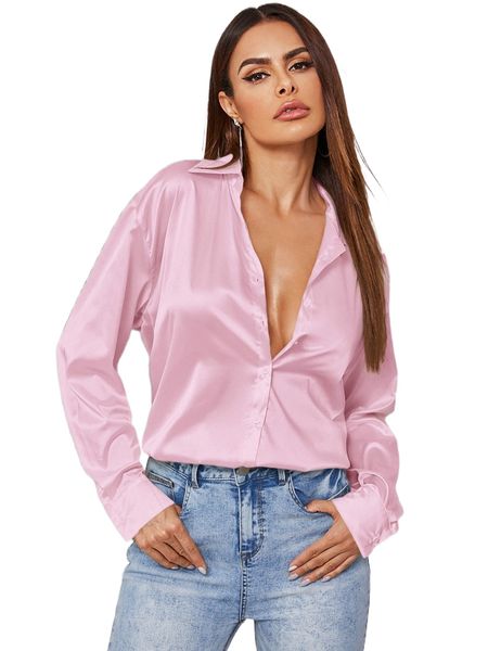 s.atin b.utton up curved hem b.louse y937#, White
