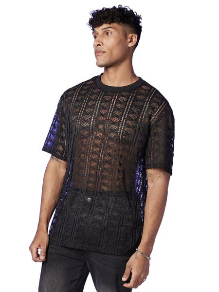 men round neck semi-sheer lace tee d9hf#, White;black
men round neck semi-sheer lace tee d9hf#, White;black