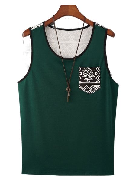 men geo print contrast binding patched pocket tank 52yc#, White;black 
men geo print contrast binding patched pocket tank 52yc#, White;black