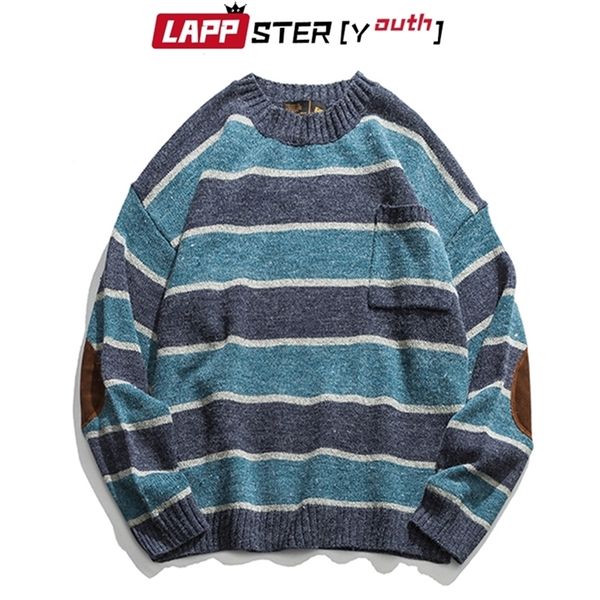 

lappster-youth men patchwork vintage striped sweater mens winter blue sweater pocket women oversized kpop fashiosn clothing 201225, White;black