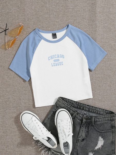 contrast raglan sleeve letter graphic tee r39i#, White
