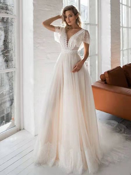 2022 new bride simple deep v-neck short-sleeved wedding dress a-line travel pgraphy small trailing soft yarn lace wed dress vestido de novia, White
2022 new bride simple deep v-neck short-sleeved wedding dress a-line travel pgraphy small trailing soft yarn lace wed dress vestido de novia, White