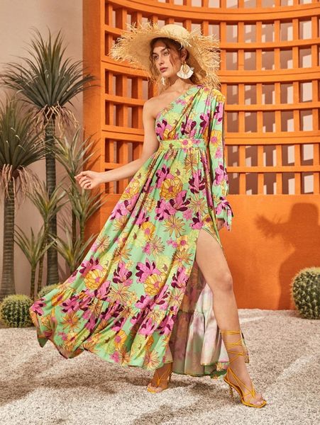 allover floral print one shoulder knot split sleeve split thigh dress z04w#, Black;gray
allover floral print one shoulder knot split sleeve split thigh dress z04w#, Black;gray