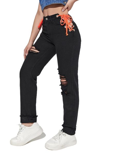 lace up side ripped raw cut jeans r5uk#, Blue