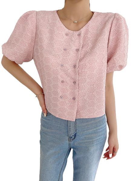 dazy floral jacquard puff sleeve double breasted blouse m2yz#, White 
dazy floral jacquard puff sleeve double breasted blouse m2yz#, White