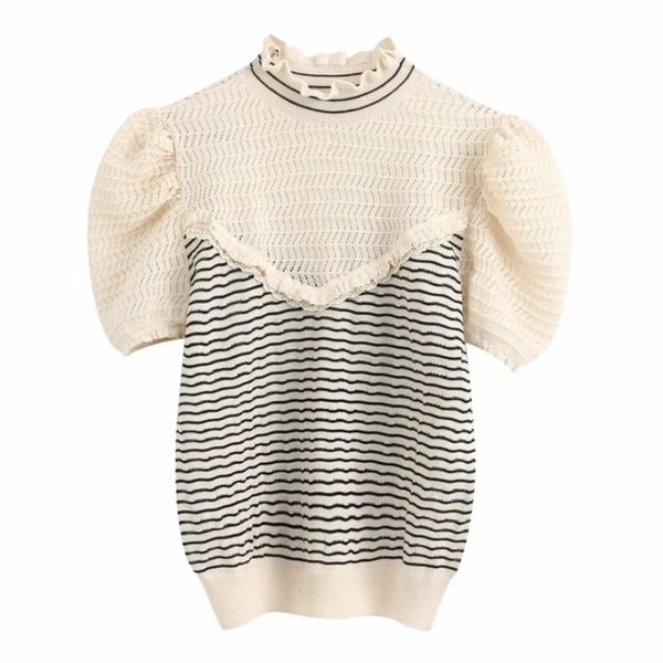 women ruffled collar striped patchwork knitted casual sweater ladies sweet puff sleeve lace ruffles thin sweater ls63 y200720, White;black
women ruffled collar striped patchwork knitted casual sweater ladies sweet puff sleeve lace ruffles thin sweater ls63 y200720, White;black